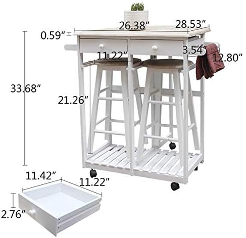 3 Piece Dining Table Set, Kitchen Island Table with Wheels and 2 Drawers, 2 Round Chairs, Kitchen Cart Dining Table Set with Folding Drop Leaf, Small Kitchen Table Set (White)