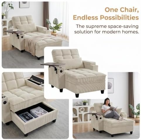 NicBex Sleeper Sofa Chair Bed with USB Port & Cup Holder &Side Table, Beige