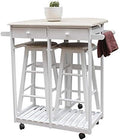3 Piece Dining Table Set, Kitchen Island Table with Wheels and 2 Drawers, 2 Round Chairs, Kitchen Cart Dining Table Set with Folding Drop Leaf, Small Kitchen Table Set (White)