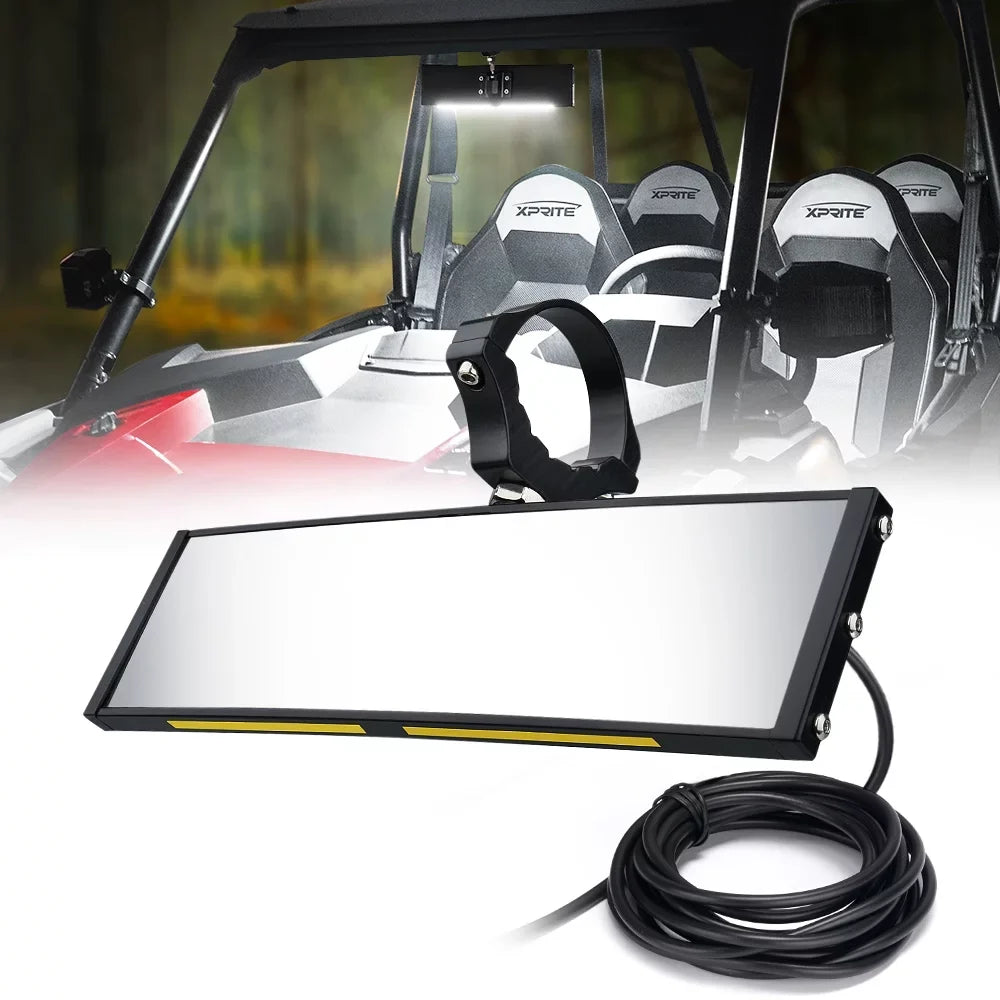 Aluminum - LED Integrated 9" Mirror fits Dome Rollbars UTV w/ 2" 1.75" View Rear Lights Xprite