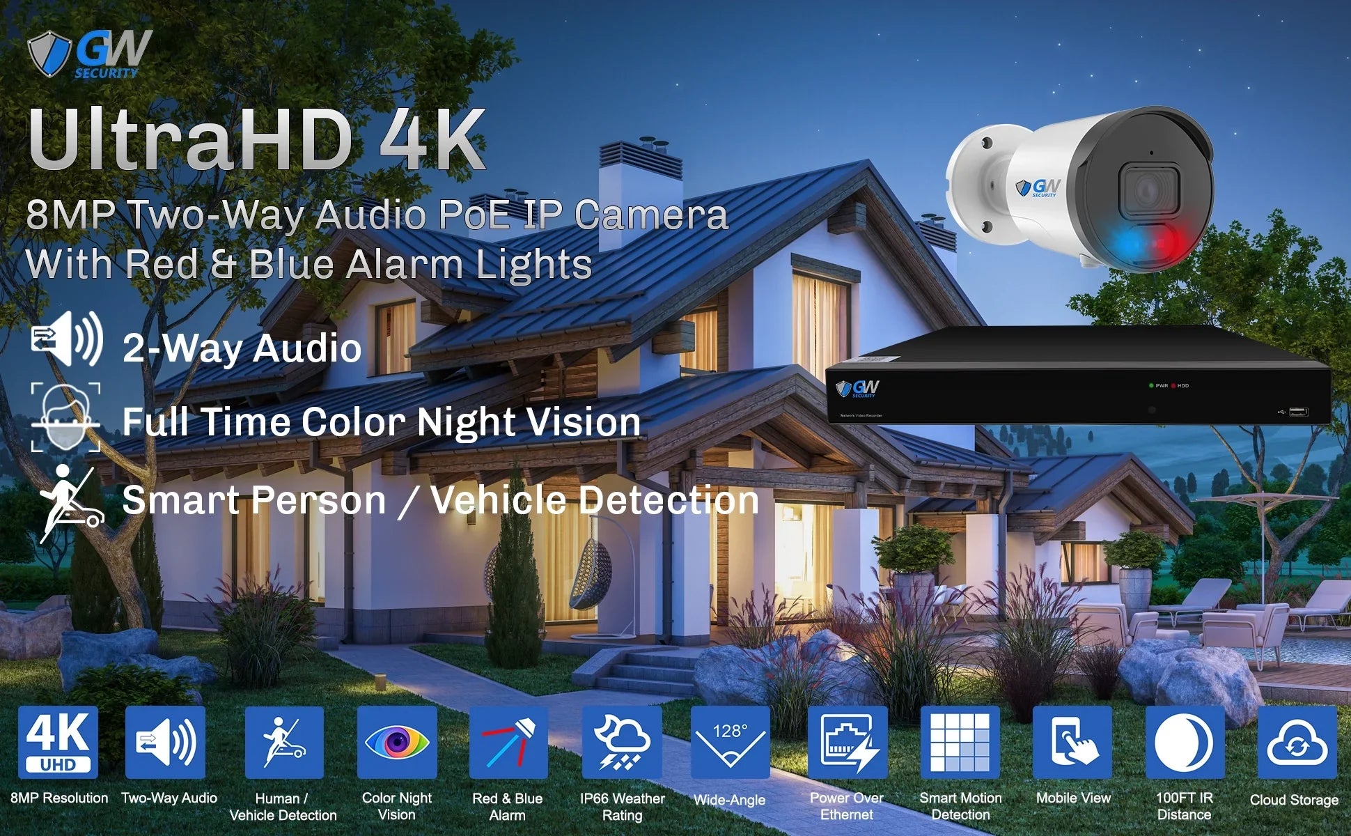 System 4K (32) Camera Cars UltraHD & Color 8MP Outdoor 32 with GW Security Lights NVR Night with Alarm Security Detection Audio Vision PoE Cameras, Channel Full-Time Two-Way AI Human PoE
