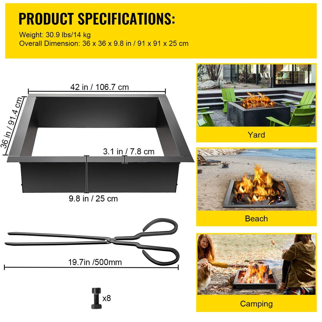 with with Fire DIY Ring, Patio, Bonfire Insert Simple Backyard Insert, Installation Liner Ring, Pit Pit 36" Outdoor, Fire Square Heavy Duty Steel for BENTISM Tongs Fire
