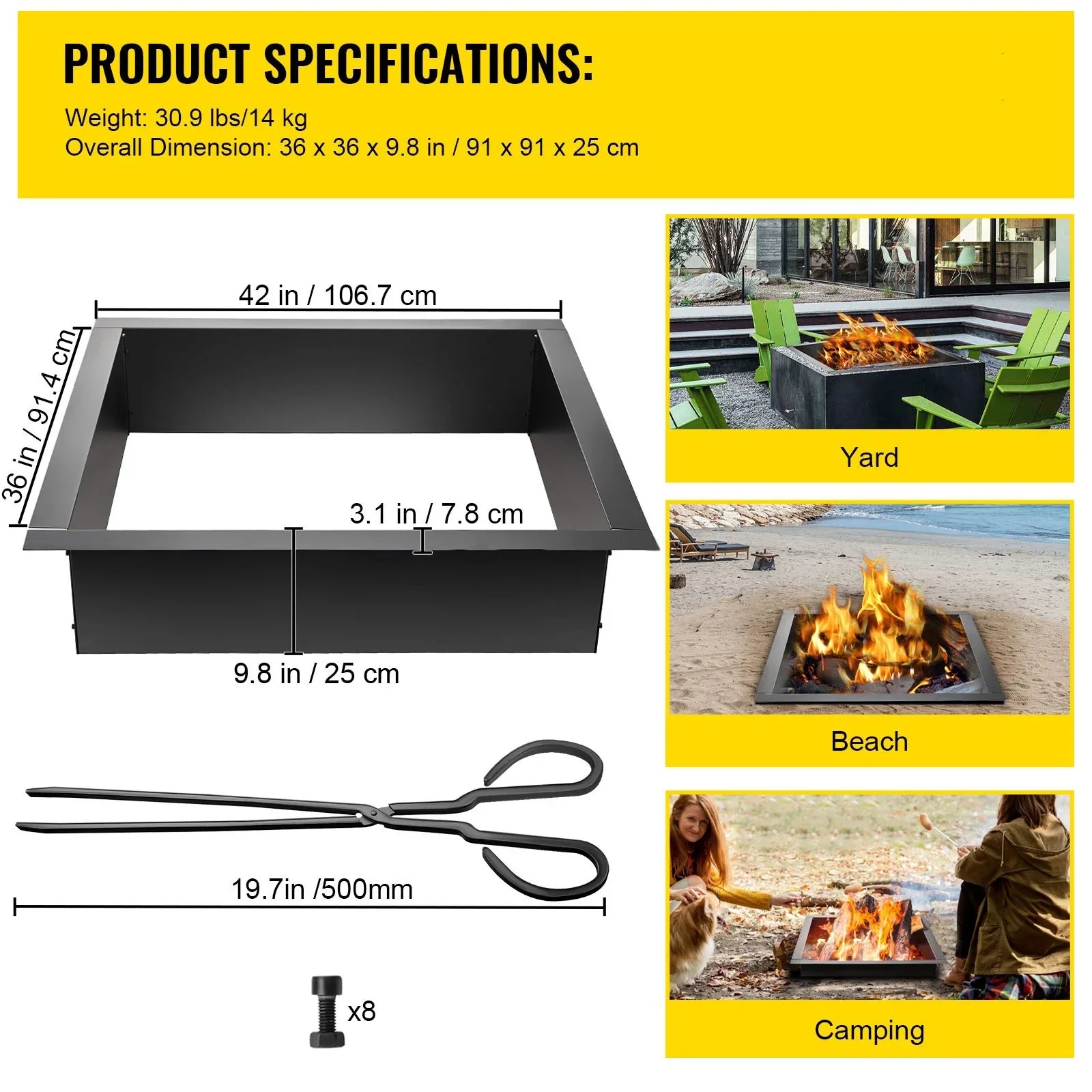 with with Fire DIY Ring, Patio, Bonfire Insert Simple Backyard Insert, Installation Liner Ring, Pit Pit 36" Outdoor, Fire Square Heavy Duty Steel for BENTISM Tongs Fire