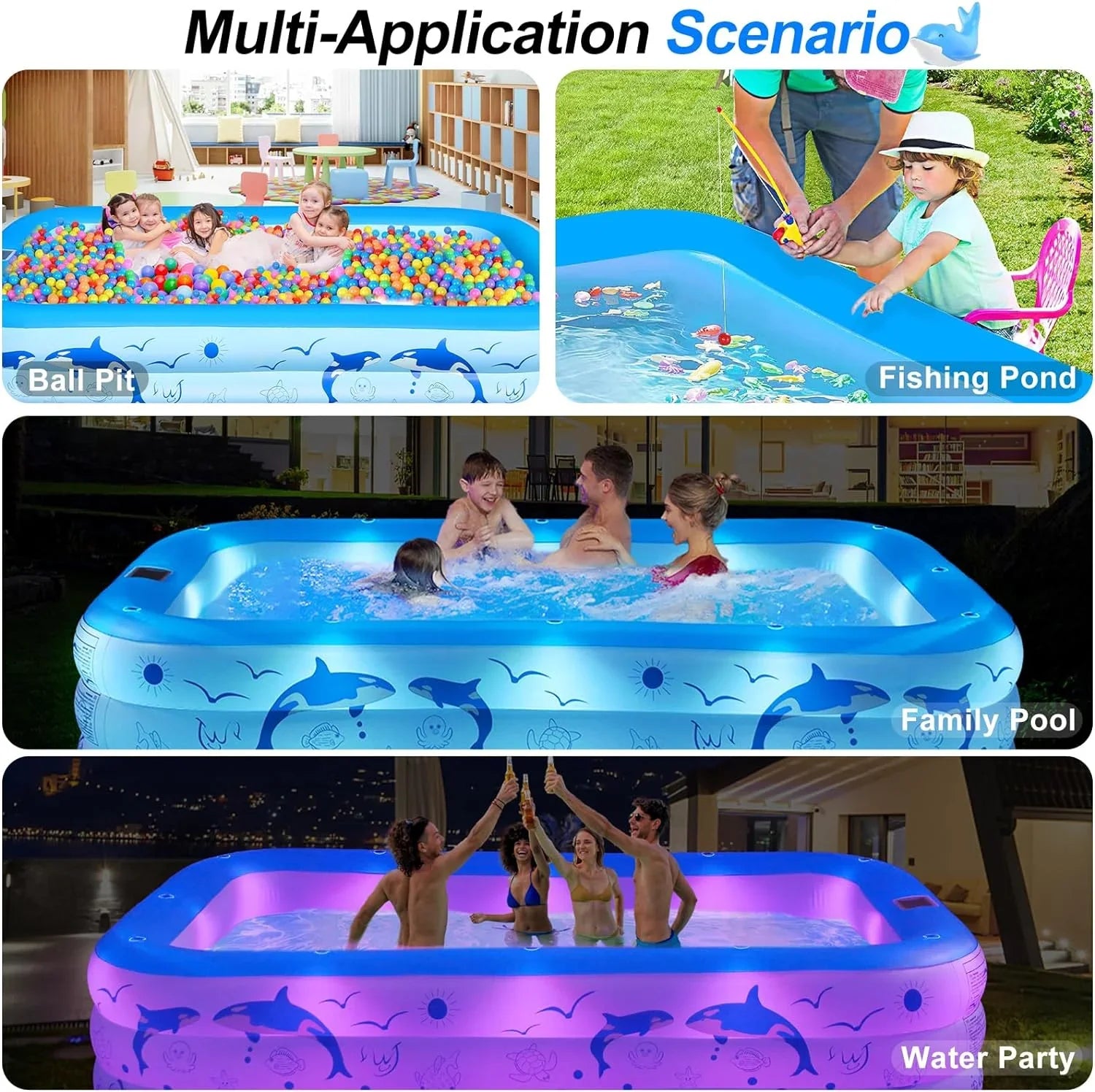 Backyard Kiddle Powered, Upgraded Swimming for Pool Inflatable 105"x65"x25''Oversized Large Solar Pool Inflatable Family up with Lights, 2024 Pool Kids,Adults, for Blow Pool, Thickened Pool
