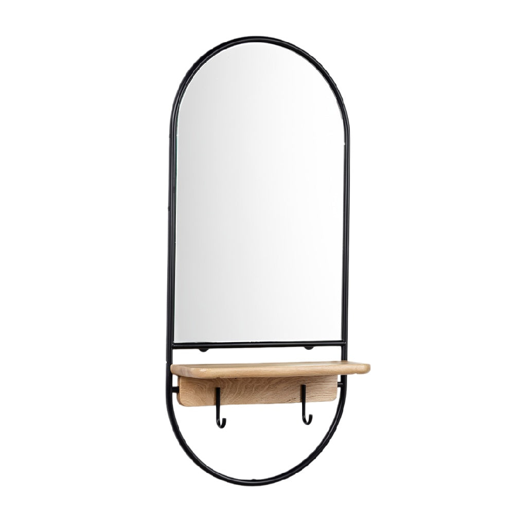 **Modern Wandspiegel met Houten Plank en Haakjes**