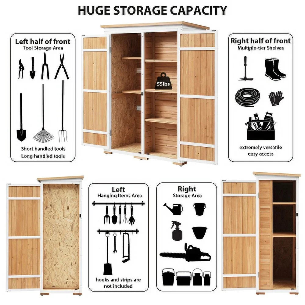 Garden Asphalt Roof, Storage Shelves, Multiple-tier L Waterproof Outdoor Natural 5.5ft Shed, Wood Cabinet Lockable Four with Tool Doors, Hx4.1ft