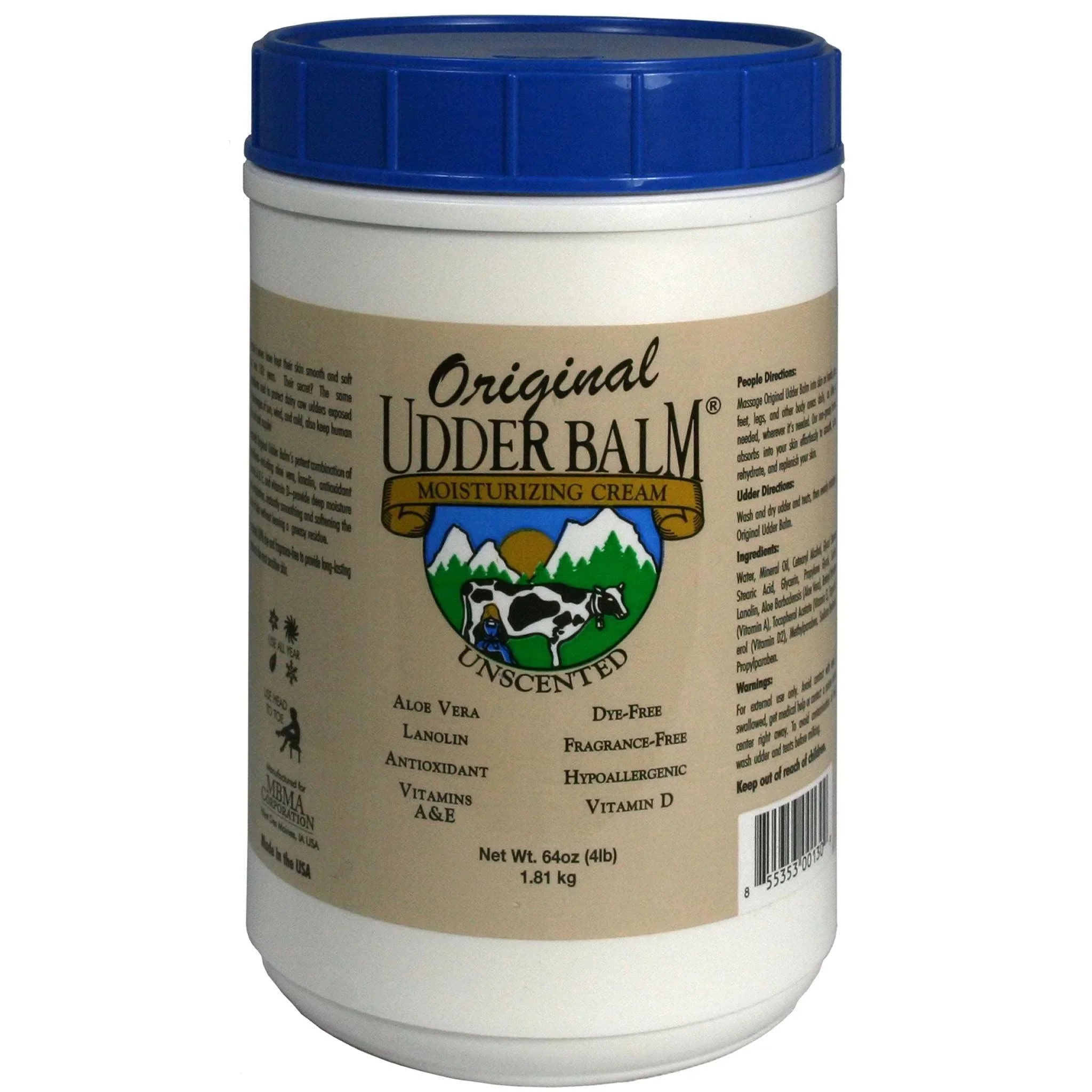 Moisturizing Balm & Udder Original Unscented Cream Tub. Lanolin Refill Aloe 64oz with