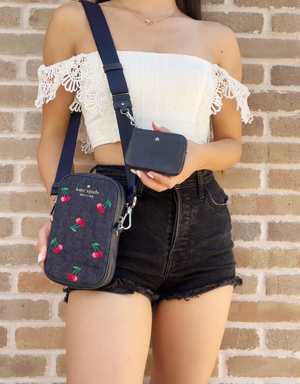 Crossbody Pouch Zip NS Denim + Phone Coin Spade Kate Embroidered Cherries Rosie
