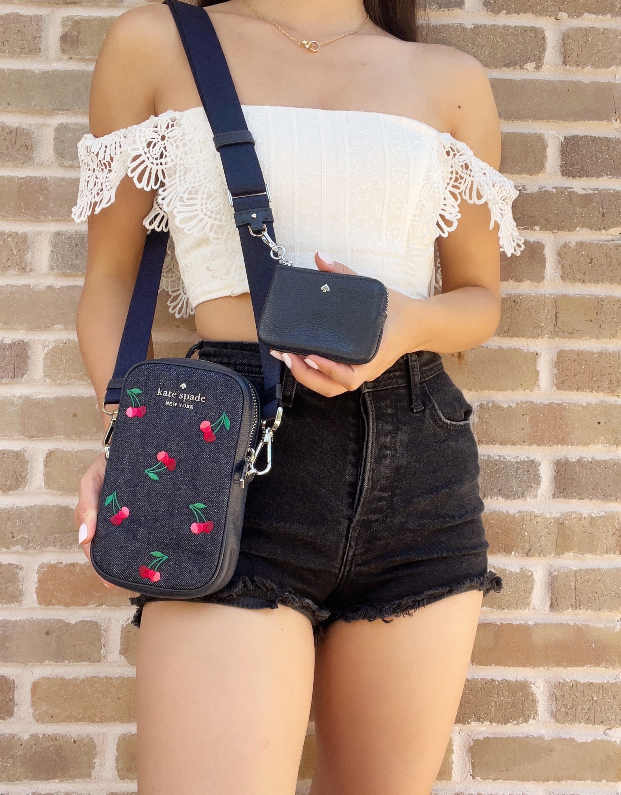 Crossbody Pouch Zip NS Denim + Phone Coin Spade Kate Embroidered Cherries Rosie