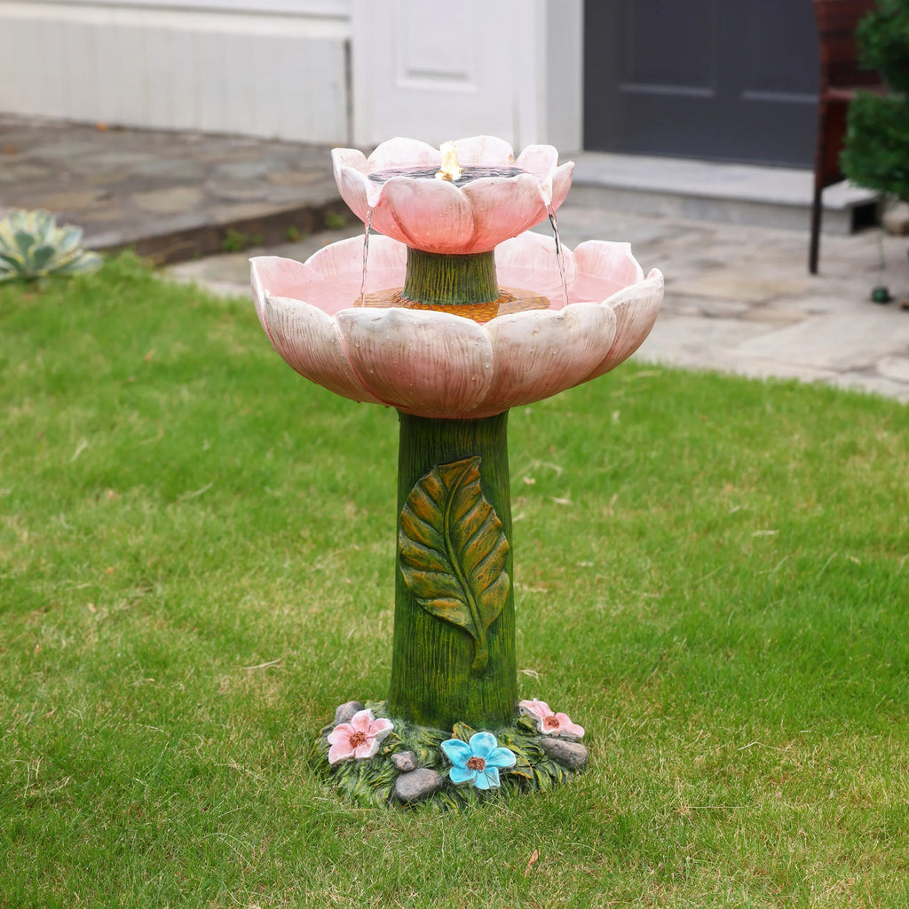 Solar Birdbath with LuxenHome Resin 2-Tier Lights Flower Pink Powered Fountain