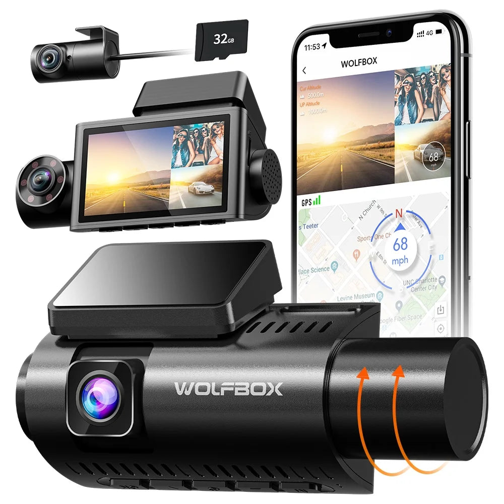 WiFi&GPS, Recording, Loop with Super 3" IR Dash Vision, 24H Parking Cam Night G-Sensor, DashCam LCD 3 WOLFBOX 4K Rear and Front Monitor Channel,