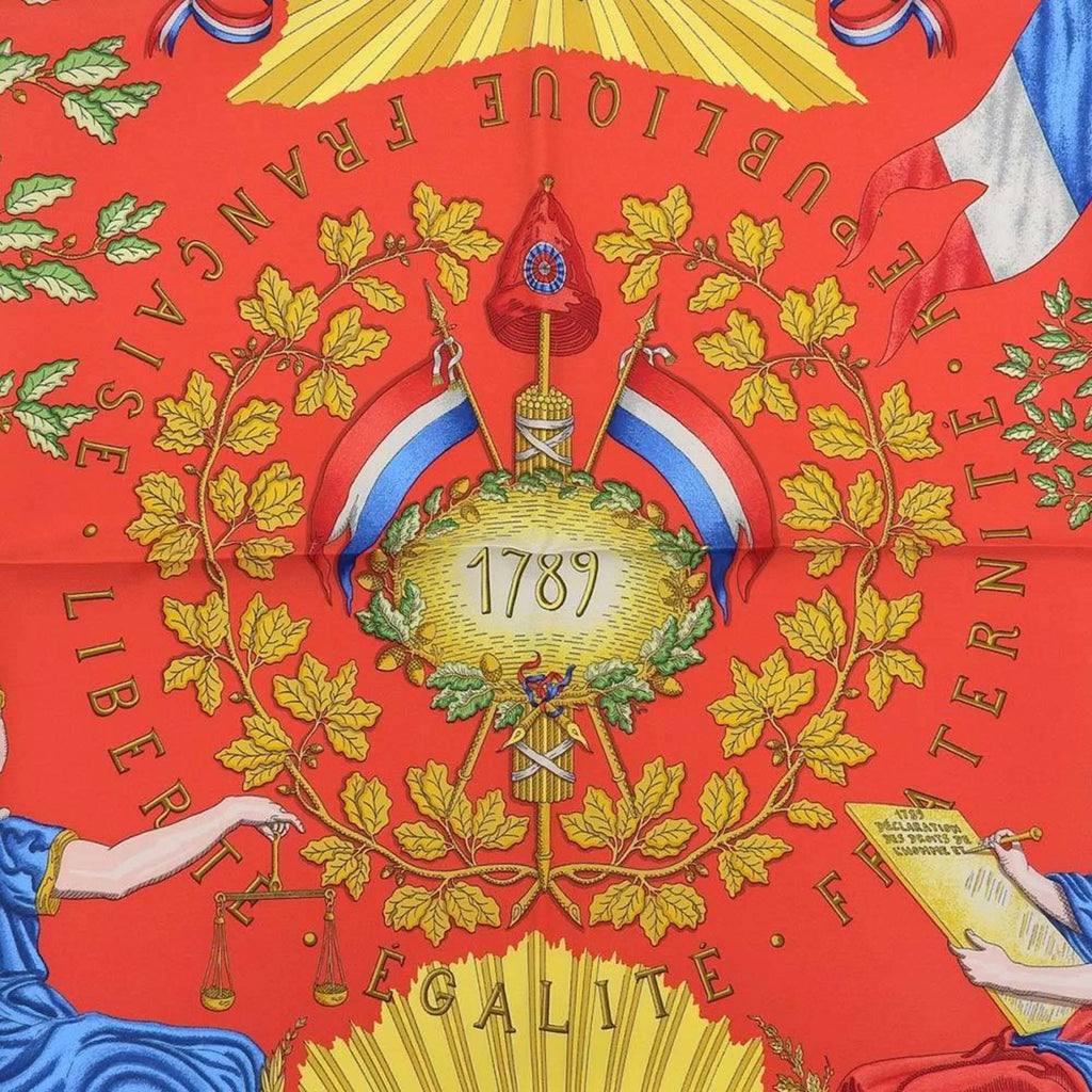 New) Pattern Red Silk Scarf Revolution 90 Commemorating Carre Blue Hermes (Like the Pre-Owned French