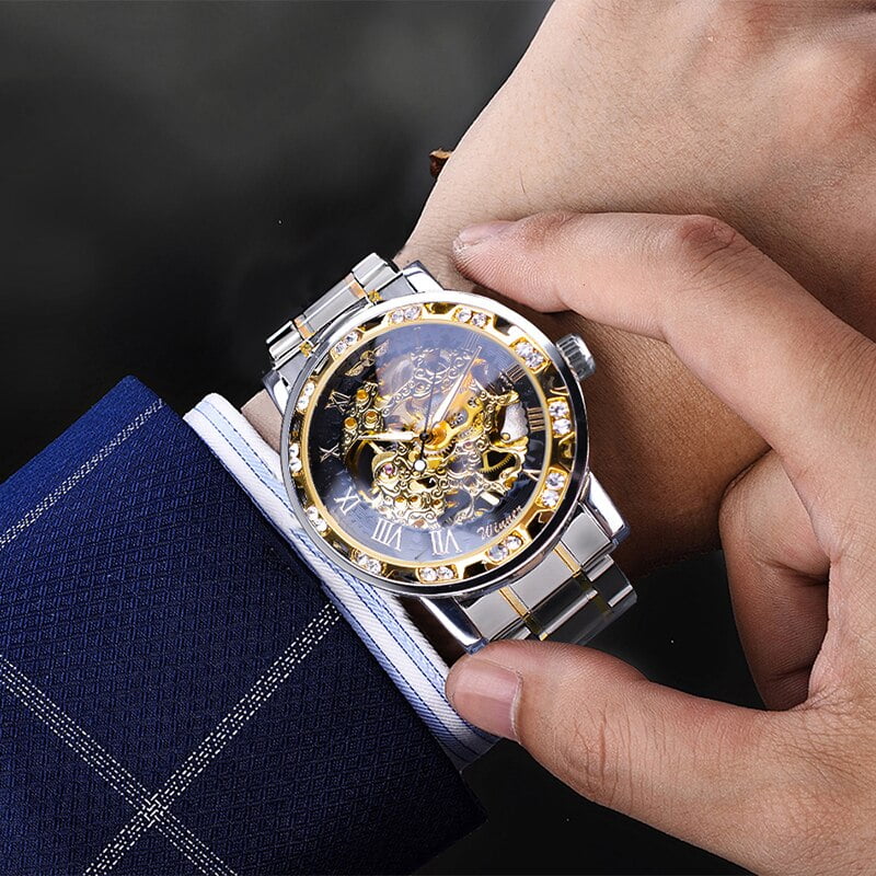 Men Luxury Gear Silver Gift Movement White 1pc Wrist Skeleton Diamond Mechanical Business Exquisite Gold Watch