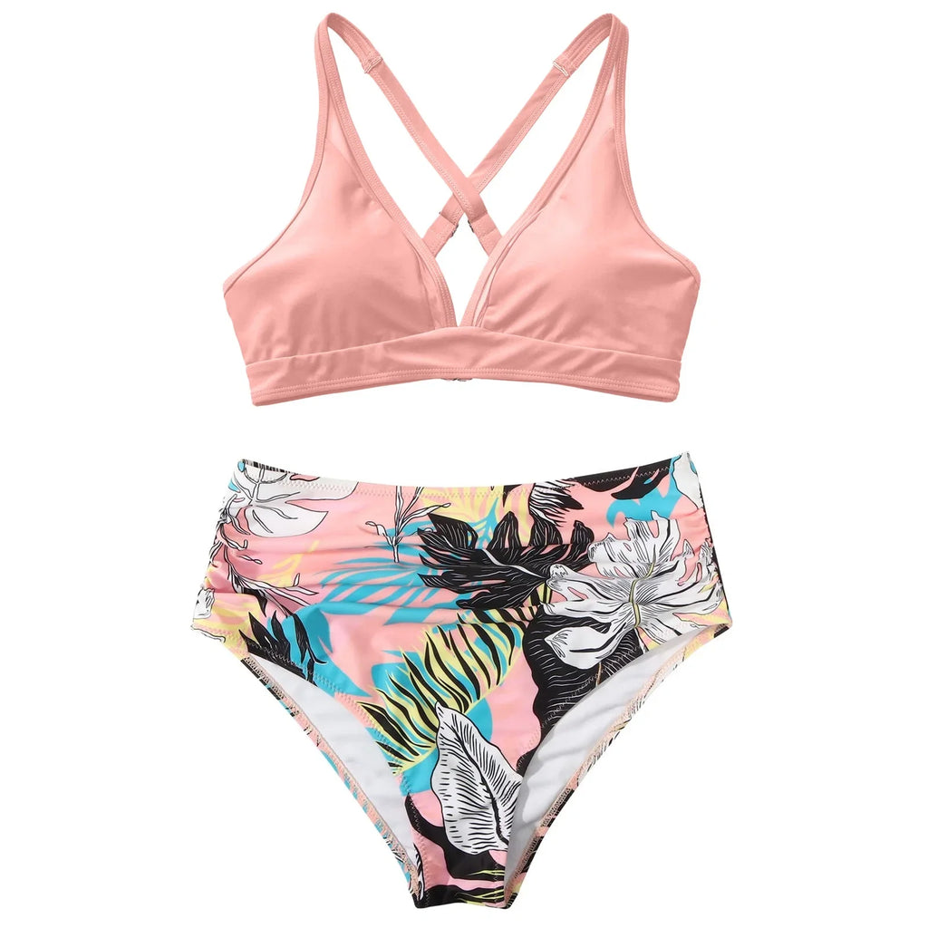 Push Vintage Two Print Swimsuit Sexy Bikini Swimsuit Set High Women Piece Ruched Swimsuits Waist Up Piece Retro Waisted Bra Underwire Bikini High Two