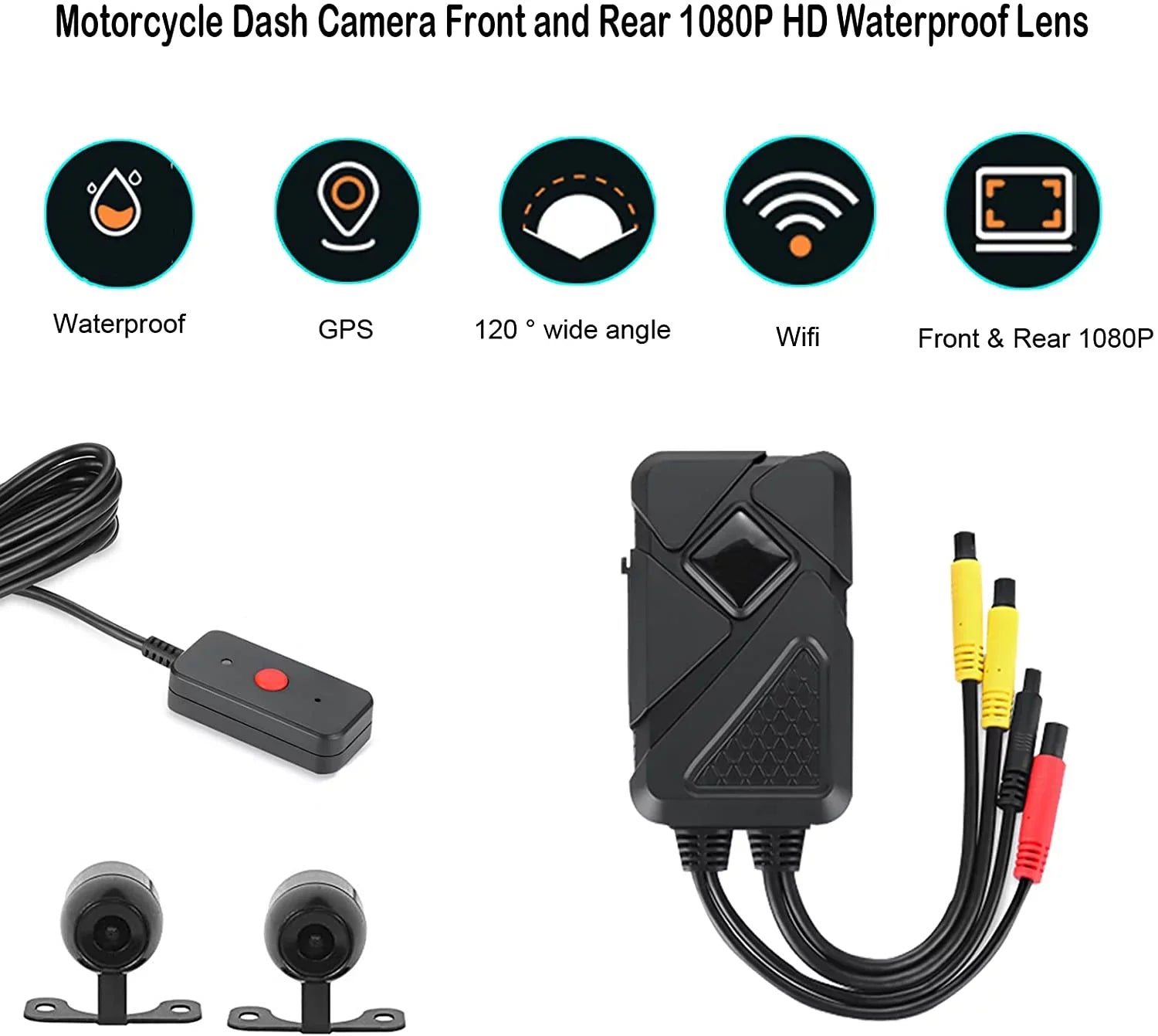 GPS Lens Angle Motorcycle Wi-Fi, Waterproof 1080P Rear Front Camera HD Waterproof and Recording with 120° Wide Dash Camera