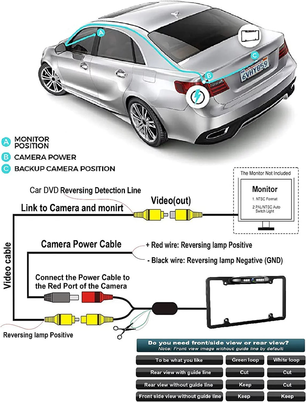 JVC Backup for KWV830BT License Camera Rearview KW-V830BT Plate Frame Black