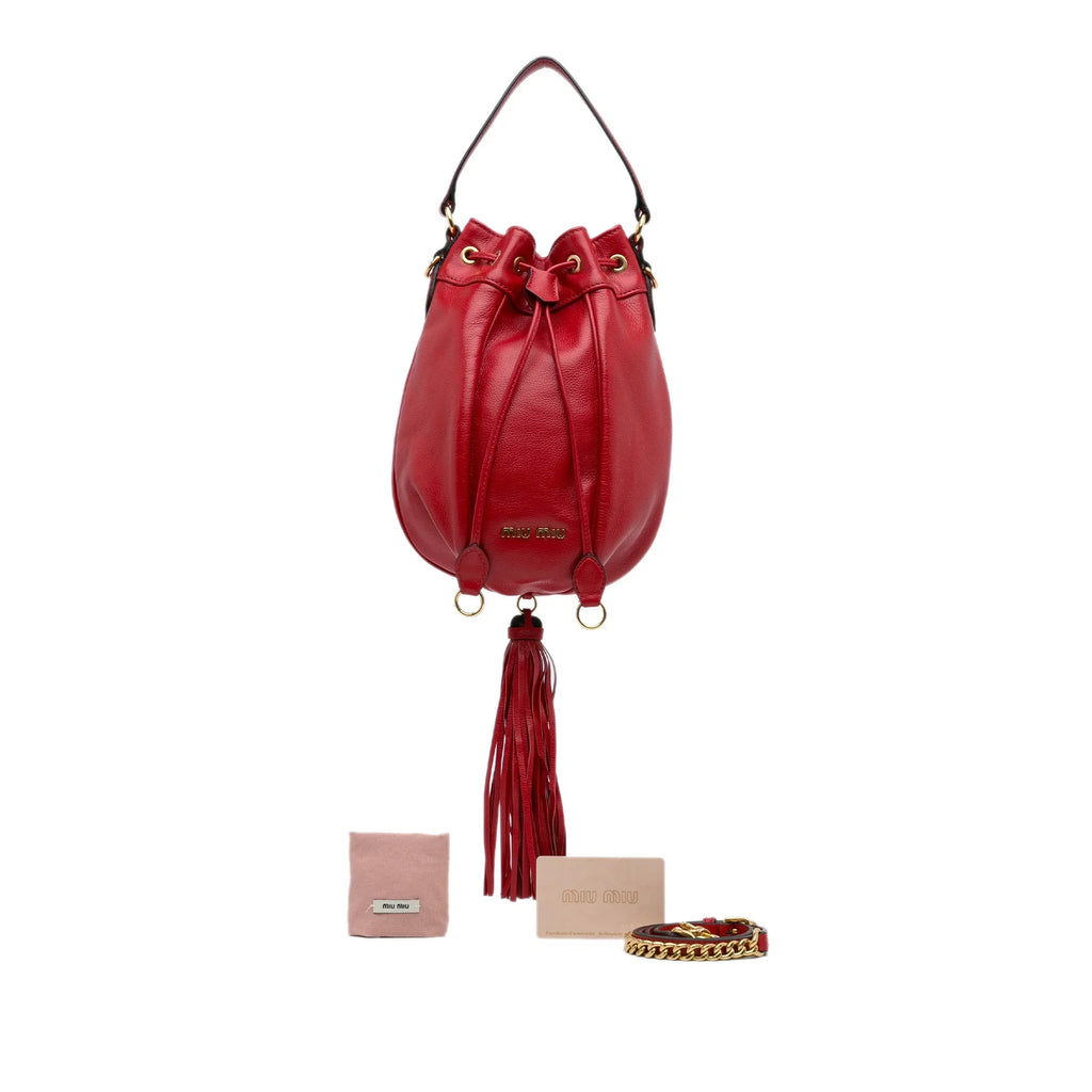 Bag Unisex Tassel Miu Authenticated Miu Bucket (Good) Leather DrawstringBag Red Pre-Owned Accent Calf