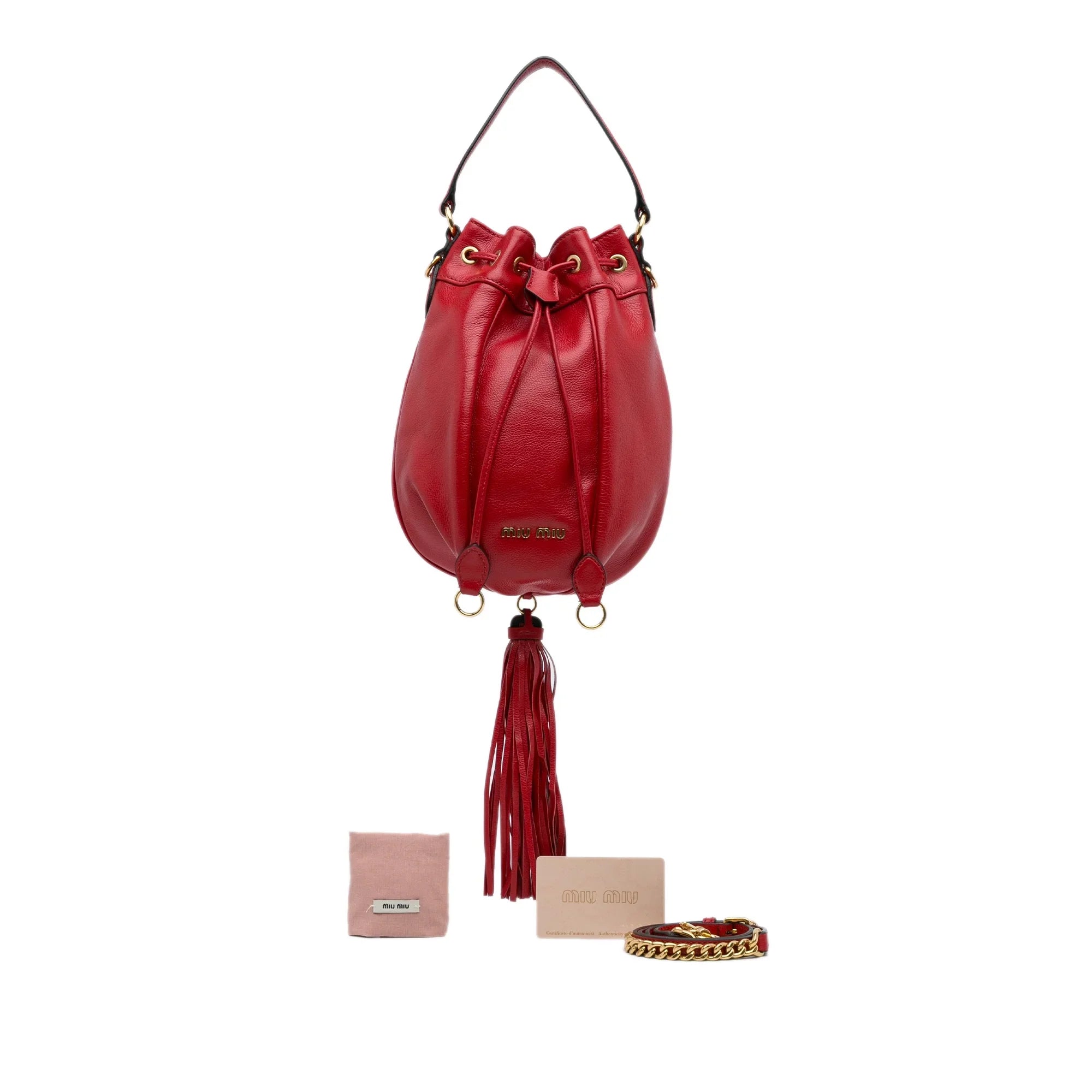 Bag Unisex Tassel Miu Authenticated Miu Bucket (Good) Leather DrawstringBag Red Pre-Owned Accent Calf