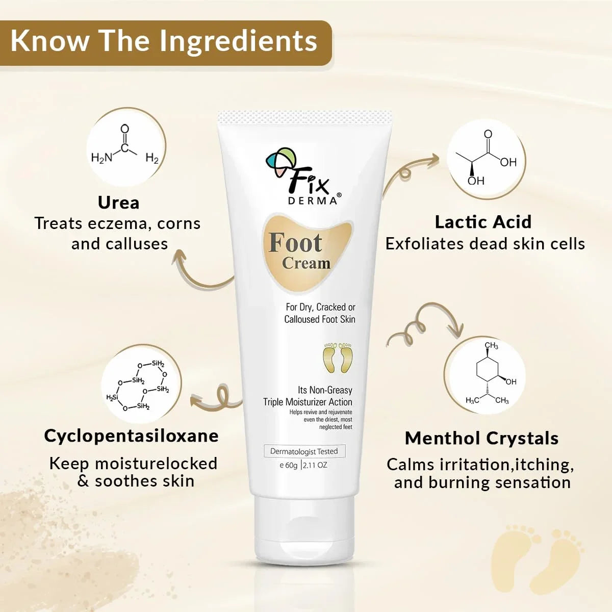 Soothes Sulphate Feet, Paraben & Types 3% Moisturizes For Cracked Dry Heel Urea, Glycerine, and & Foot Free, Repair Fixderma Acid, Lactic 5% All ML Skin 60 15% Cream Feet,