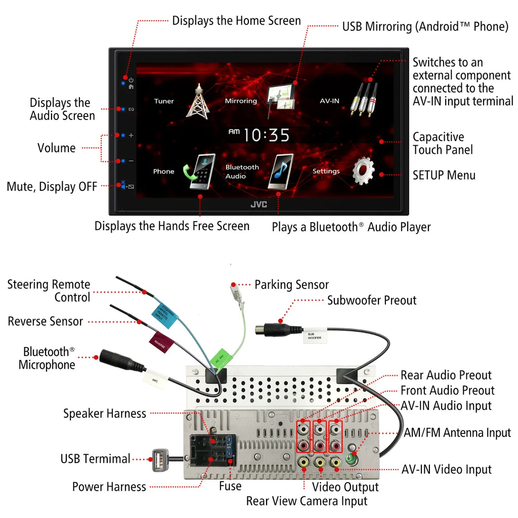 For KW-M180BT Camera 6.75" CAM1800 + JVC Backup 2 Mirroring Player Media DIN Bluetooth Android USB