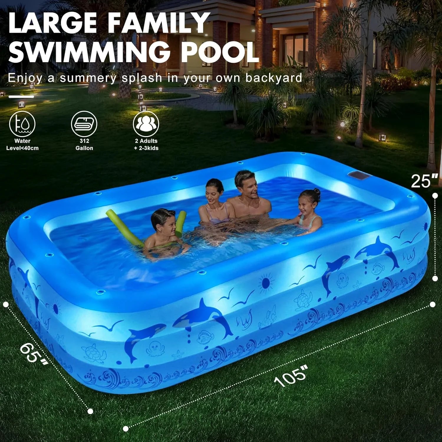 Backyard Kiddle Powered, Upgraded Swimming for Pool Inflatable 105"x65"x25''Oversized Large Solar Pool Inflatable Family up with Lights, 2024 Pool Kids,Adults, for Blow Pool, Thickened Pool