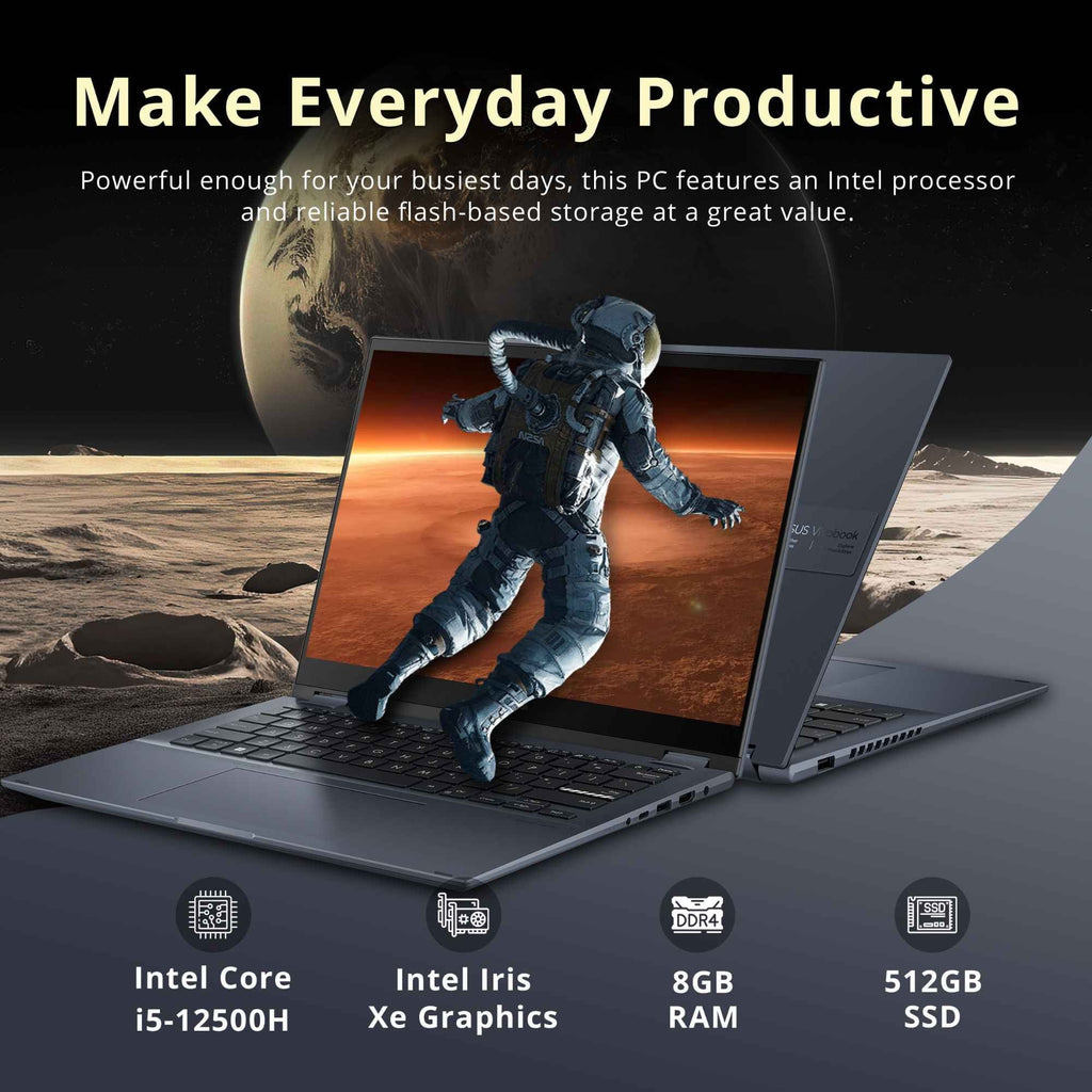 RAM, 14" Core Display, i5-12500H Blue, 14 Intel Flip Card Touch Hotface 512GB Vivobook 8GB 11 32GB CPU, Home, S NumberPad, 4, DDR4 Quiet FHD USB Windows SSD, ASUS Thunderbolt