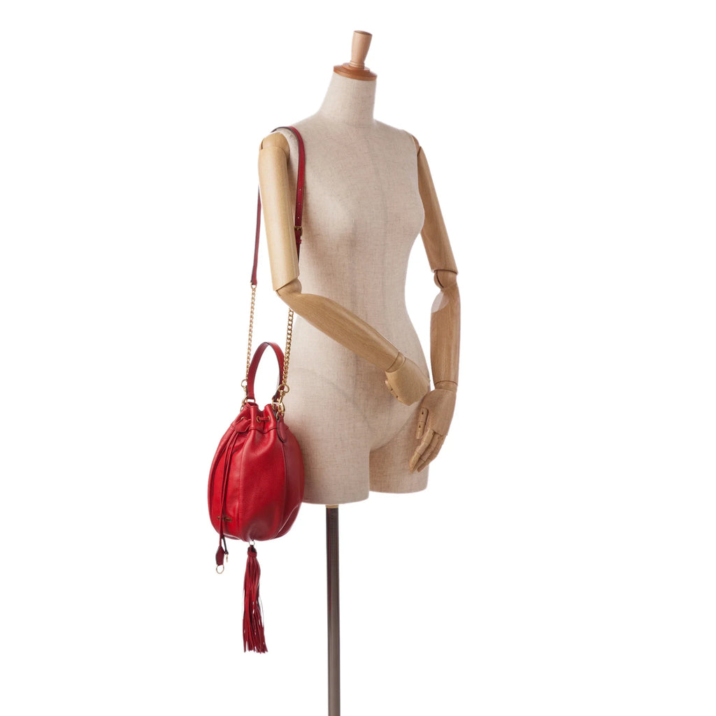 Bag Unisex Tassel Miu Authenticated Miu Bucket (Good) Leather DrawstringBag Red Pre-Owned Accent Calf