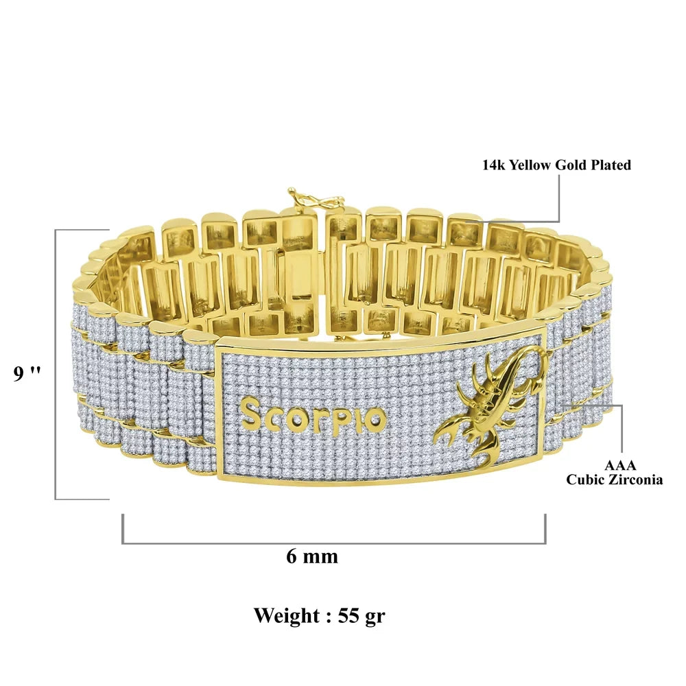8.5'' Mens Scorpio Sign Gold 14K Zodiac Horoscope Diamond Astrology Bracelet Finish Simulated