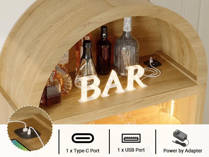 71" Tall Arched Wine Bar Cabinet with Wine Racks & Glass Holder, Wide Liquor Cabinets with LED Lights & Charing Ports, Kitchen Pantry Cupboard, Coffee Bar Storage Cabinet for Home, Dining Room (Oak)