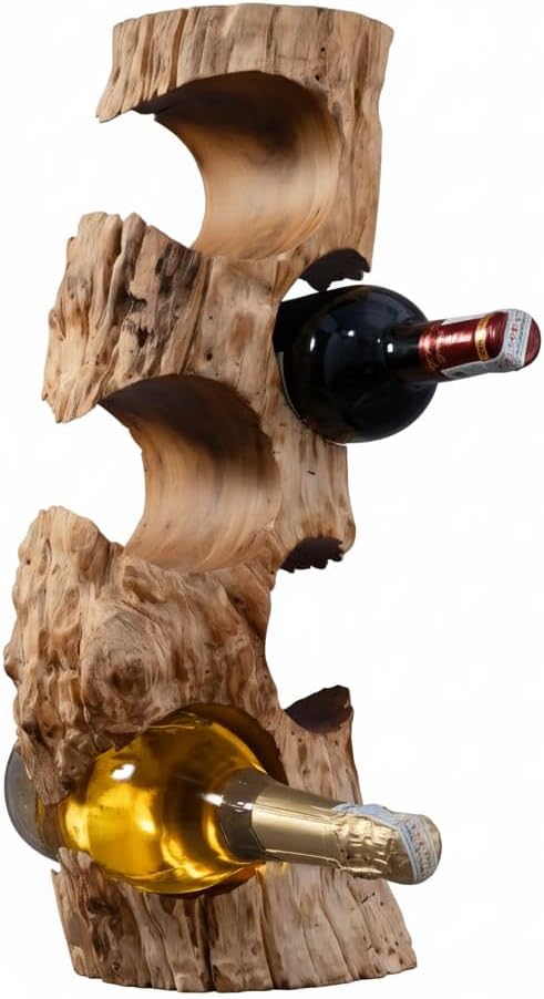 Solid Natural Vitex Pubescens Vahl Wood Wine Rack with Anti-Slip Pads â Rustic Single-Piece Freestanding Countertop Wine Holder â Securely Holds 5 Bottles Without Sliding â 20" x 9" x 7"