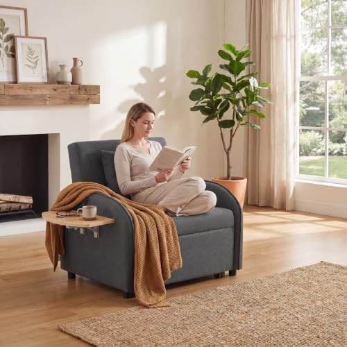 Convertible Sleeper Chair, Pull Out Sofa Bed with Adjustable Backrest & Hidden Storage Armrest, Single Sofa Recliner with USB Charging Port & Cup Holders for Living Room, Bedroom, Dark Gray