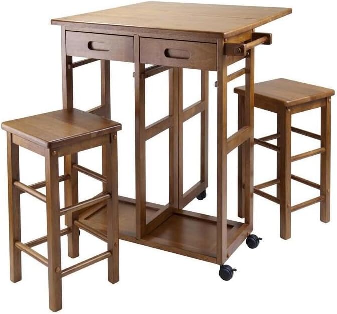 HomeStock Rolling Kitchen Cart with 2 Stools - Drop Leaf Table for Small Spaces