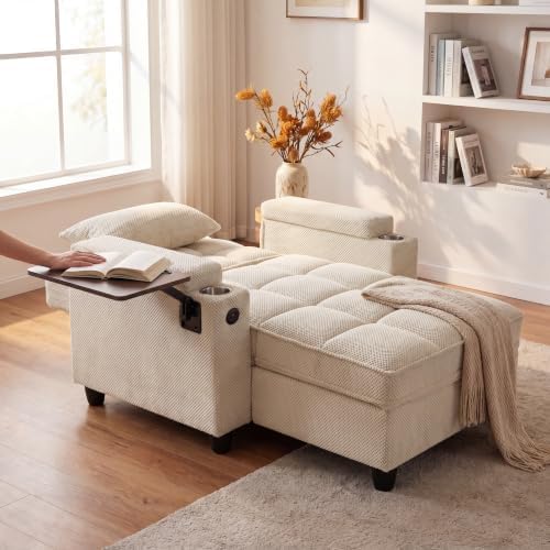 NicBex Sleeper Sofa Chair Bed with USB Port & Cup Holder &Side Table, Beige