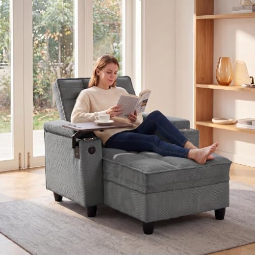 NicBex Sleeper Sofa Chair Bed with USB Port & Cup Holder &Side Table, Beige
