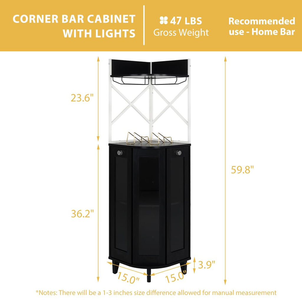 COCO DESIGN All Black Corner Wine Cabinet, Lockable Glass Door with Light