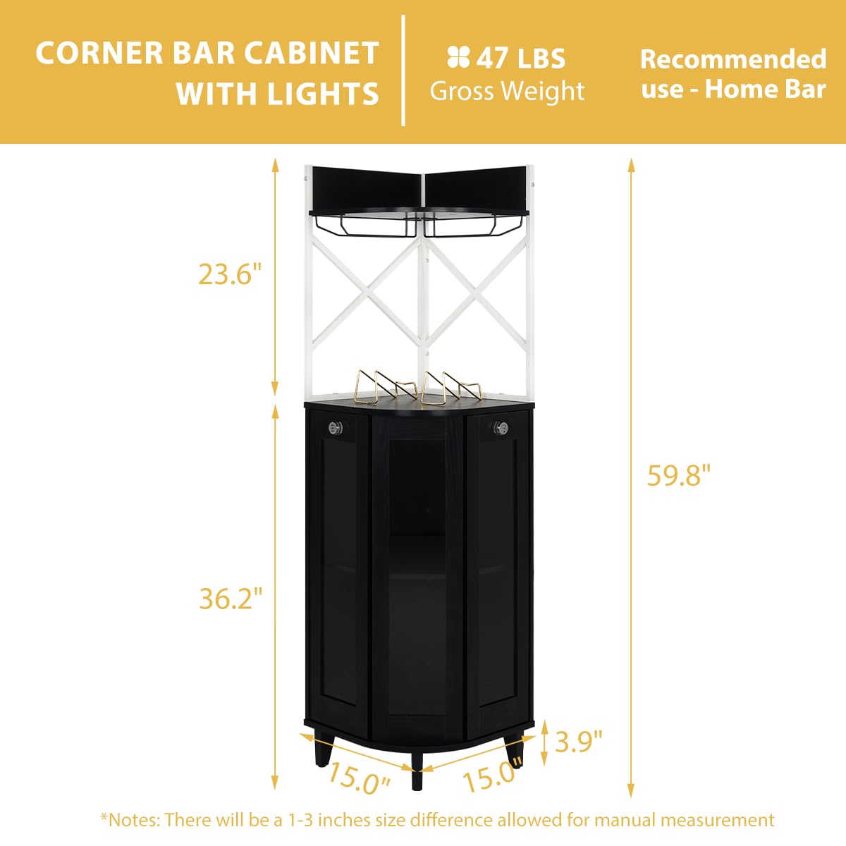 COCO DESIGN All Black Corner Wine Cabinet, Lockable Glass Door with Light