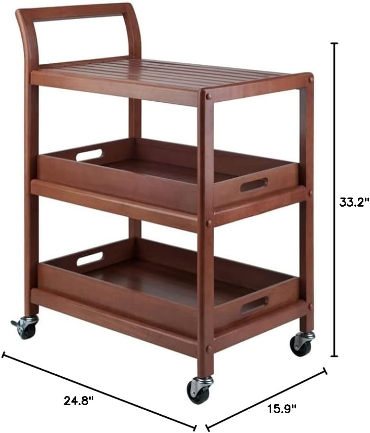 Pemberly Row Transitional Solid Wood Bar Cart, Walnut Finish, 33.27"H x 24.8"W x 15.98"D, 2 Removable Serving Trays, Slatted Shelf, Rolling Casters with Locking Wheels, Kitchen, Dining, or Patio Use