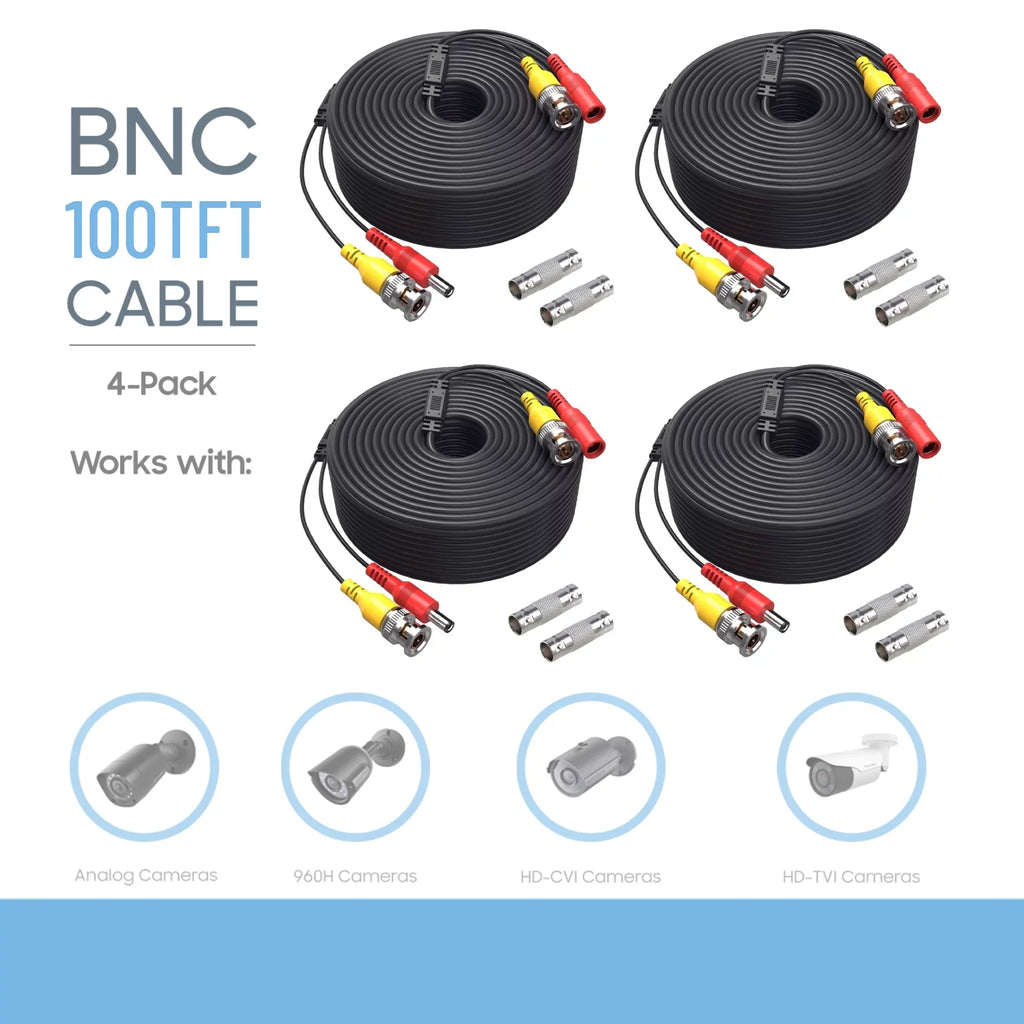 100 BNC Video K-MAINS CCTV and Universal PVC Black Security Pack Camera 2-in-1 Power Cable 4 Wire feet Cord Pre-Made of Siamese