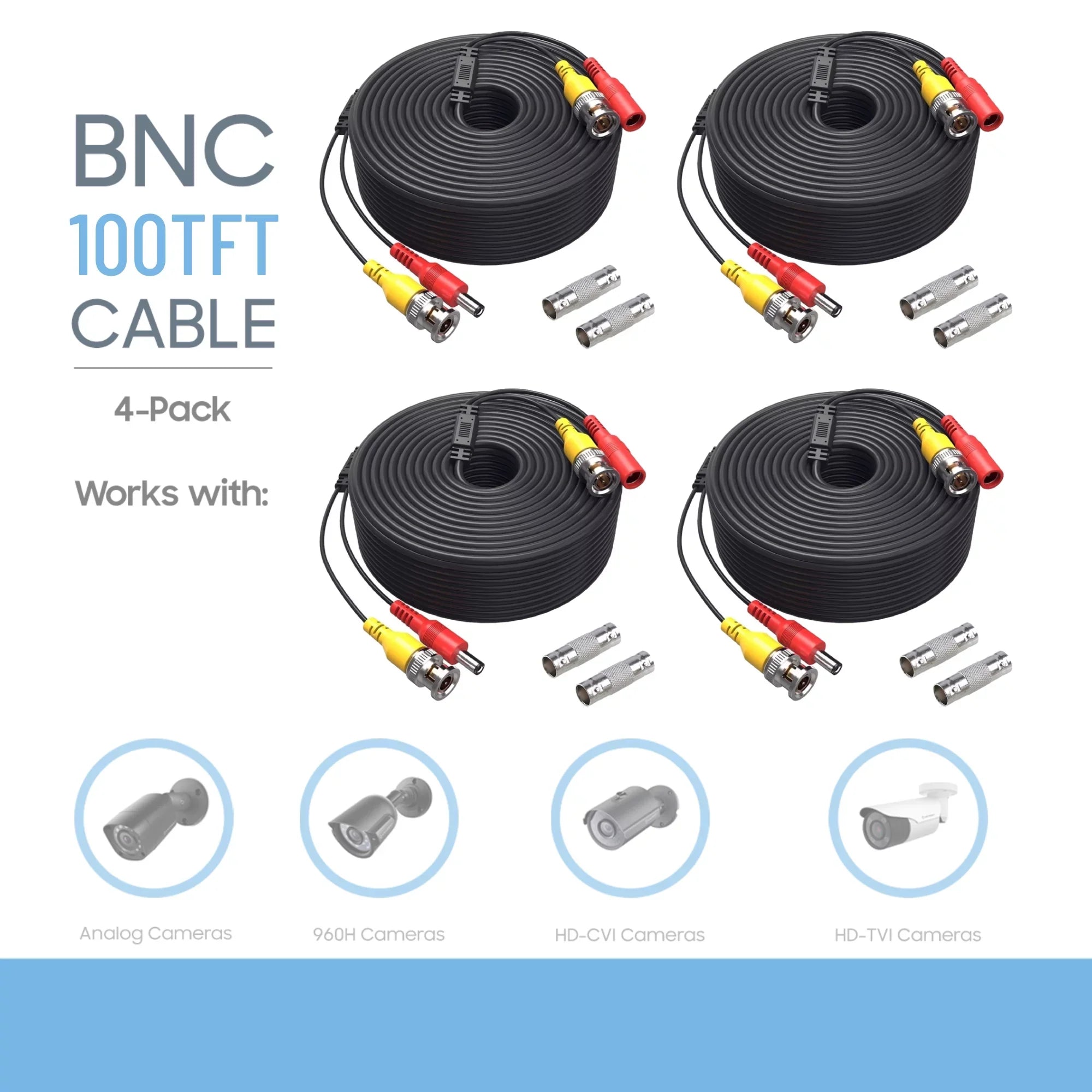 100 BNC Video K-MAINS CCTV and Universal PVC Black Security Pack Camera 2-in-1 Power Cable 4 Wire feet Cord Pre-Made of Siamese