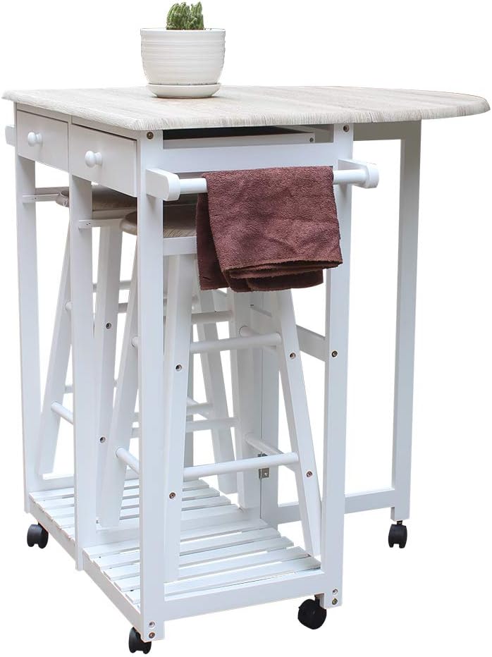 FCH Drop Leaf Dining Table with Chair Sets for Small Kitchen 3 PCS Wooden Kitchen Trolley Cart with Wheels 2 Round Bar Stools and 2 Drawers for 2 Person