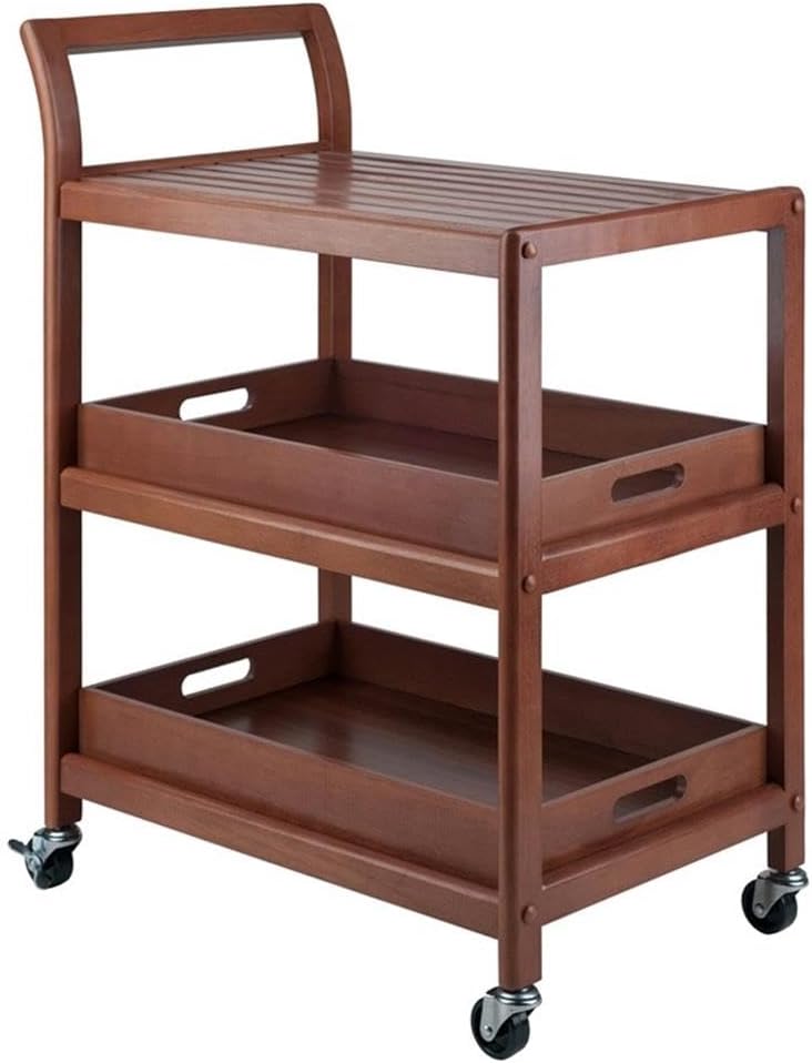 Pemberly Row Transitional Solid Wood Bar Cart, Walnut Finish, 33.27"H x 24.8"W x 15.98"D, 2 Removable Serving Trays, Slatted Shelf, Rolling Casters with Locking Wheels, Kitchen, Dining, or Patio Use