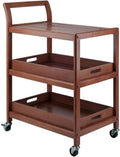 Pemberly Row Transitional Solid Wood Bar Cart, Walnut Finish, 33.27"H x 24.8"W x 15.98"D, 2 Removable Serving Trays, Slatted Shelf, Rolling Casters with Locking Wheels, Kitchen, Dining, or Patio Use