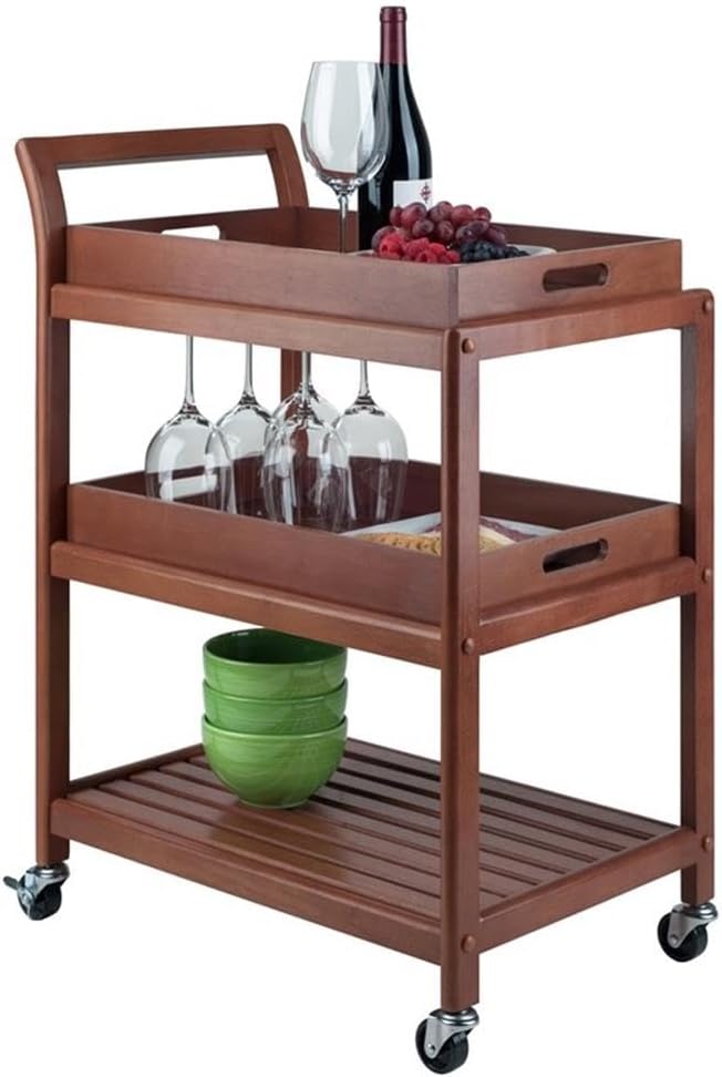 Pemberly Row Transitional Solid Wood Bar Cart, Walnut Finish, 33.27"H x 24.8"W x 15.98"D, 2 Removable Serving Trays, Slatted Shelf, Rolling Casters with Locking Wheels, Kitchen, Dining, or Patio Use
