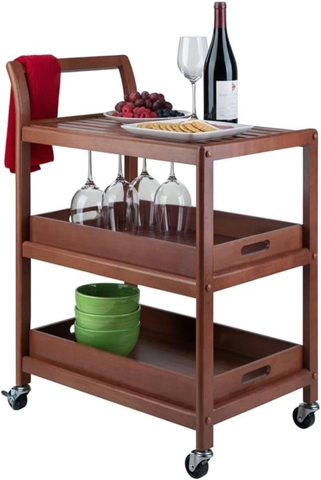 Pemberly Row Transitional Solid Wood Bar Cart, Walnut Finish, 33.27"H x 24.8"W x 15.98"D, 2 Removable Serving Trays, Slatted Shelf, Rolling Casters with Locking Wheels, Kitchen, Dining, or Patio Use