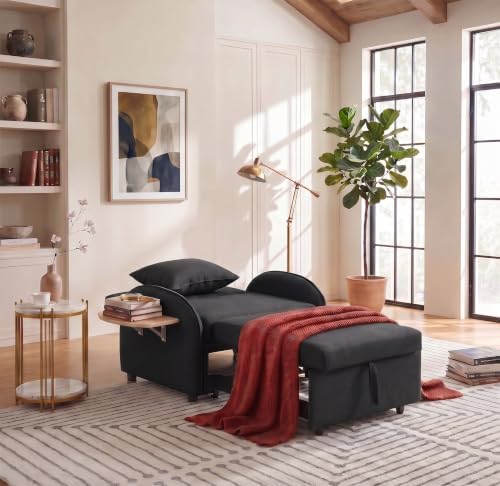 Convertible Sleeper Chair, Pull Out Sofa Bed with Adjustable Backrest & Hidden Storage Armrest, Single Sofa Recliner with USB Charging Port & Cup Holders for Living Room, Bedroom, Dark Gray