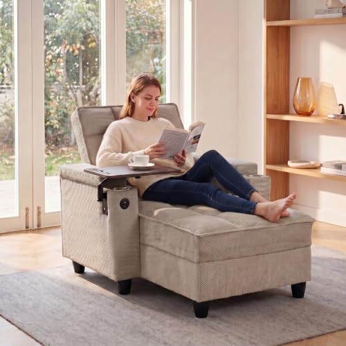 NicBex Sleeper Sofa Chair Bed with USB Port & Cup Holder &Side Table, Beige