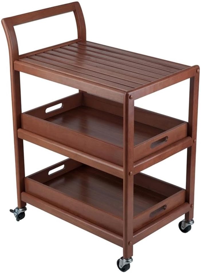 Pemberly Row Transitional Solid Wood Bar Cart, Walnut Finish, 33.27"H x 24.8"W x 15.98"D, 2 Removable Serving Trays, Slatted Shelf, Rolling Casters with Locking Wheels, Kitchen, Dining, or Patio Use