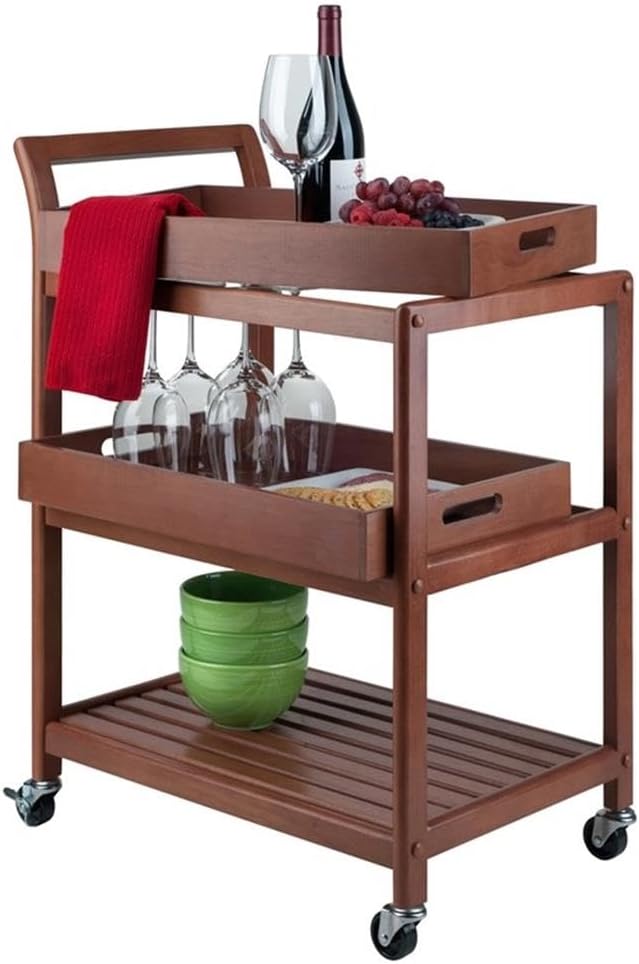 Pemberly Row Transitional Solid Wood Bar Cart, Walnut Finish, 33.27"H x 24.8"W x 15.98"D, 2 Removable Serving Trays, Slatted Shelf, Rolling Casters with Locking Wheels, Kitchen, Dining, or Patio Use