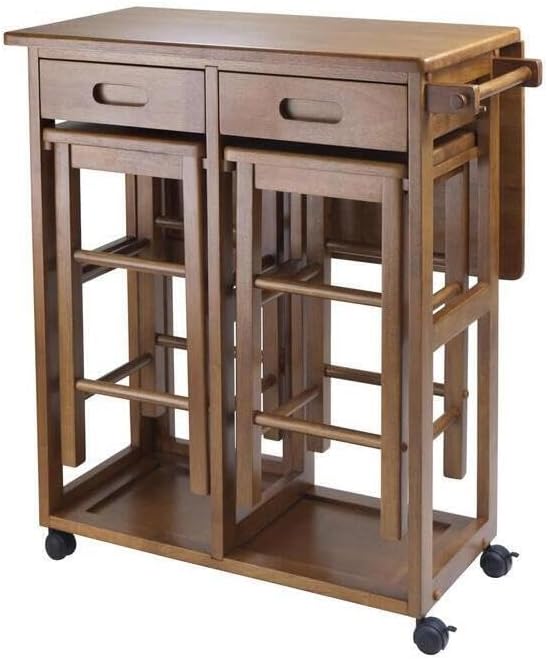 HomeStock Rolling Kitchen Cart with 2 Stools - Drop Leaf Table for Small Spaces