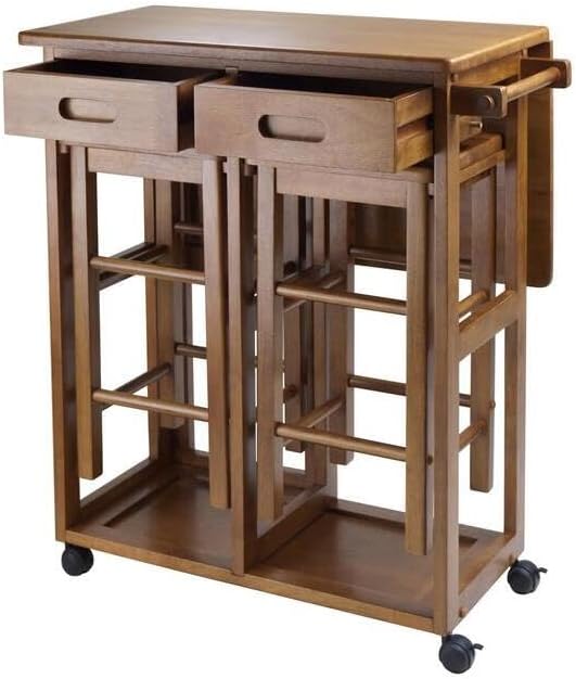 HomeStock Rolling Kitchen Cart with 2 Stools - Drop Leaf Table for Small Spaces